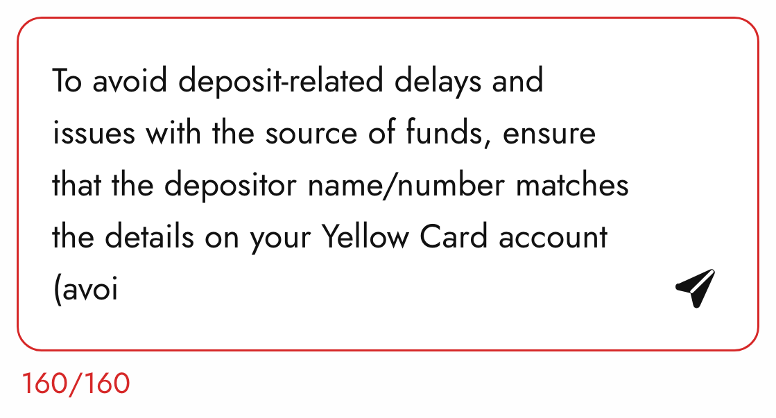 The input full: a red border, the text stopped at 160 characters, ending Yellow Card account (avoi, and 160/160 in red