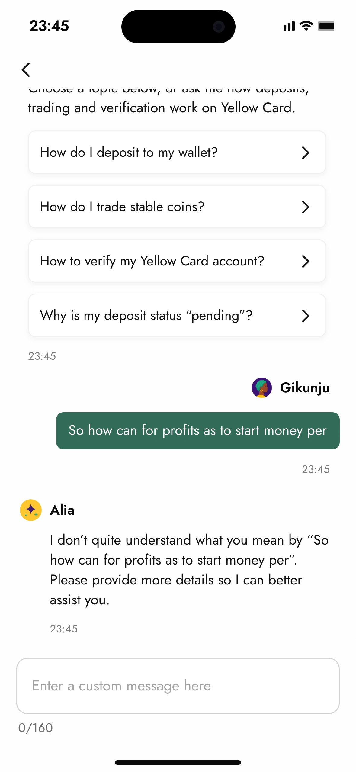 The customer's message So how can for profits as to start money per, and Alia's reply that it does not quite understand, quoting the fragment