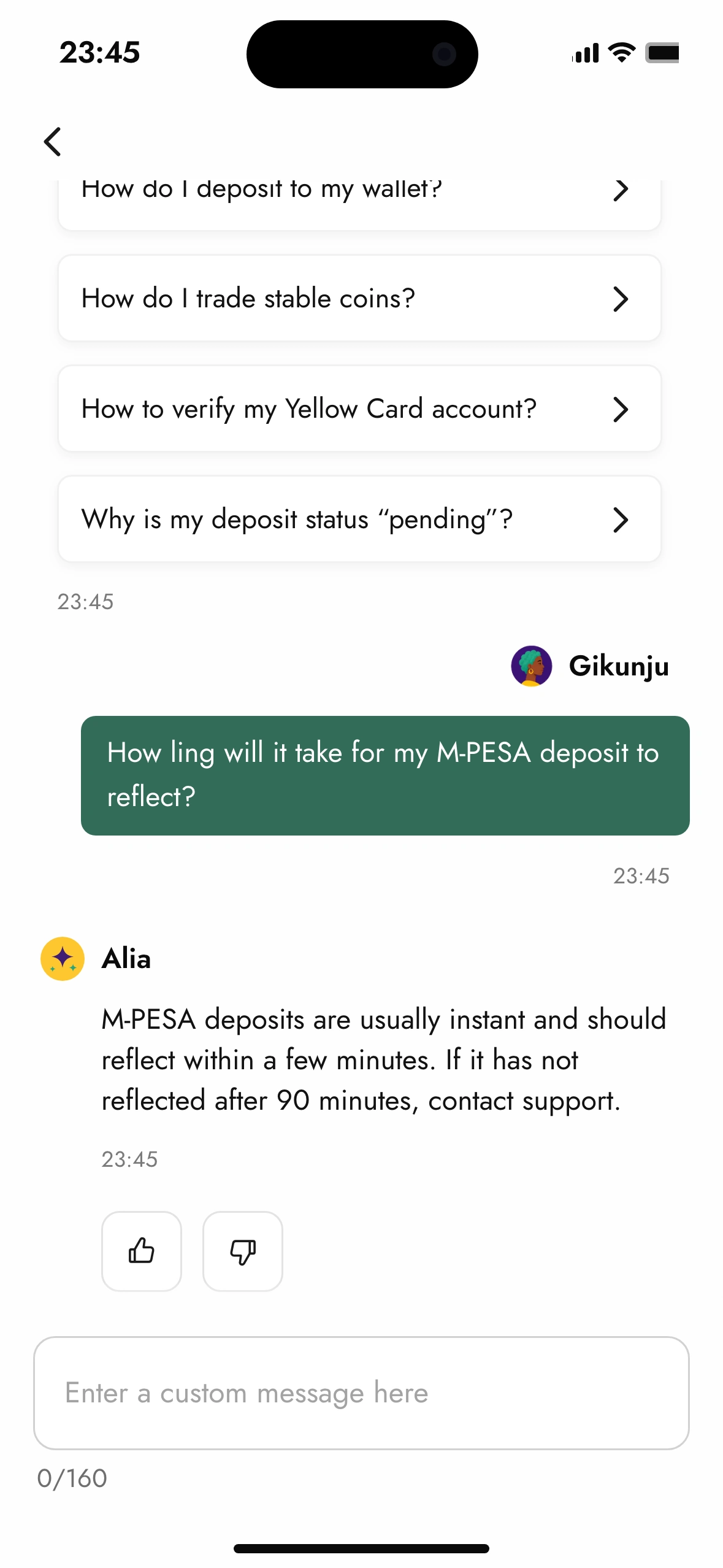 The customer's message How ling will it take for my M-PESA deposit to reflect?, and Alia's answer that M-PESA deposits are usually instant and reflect within a few minutes