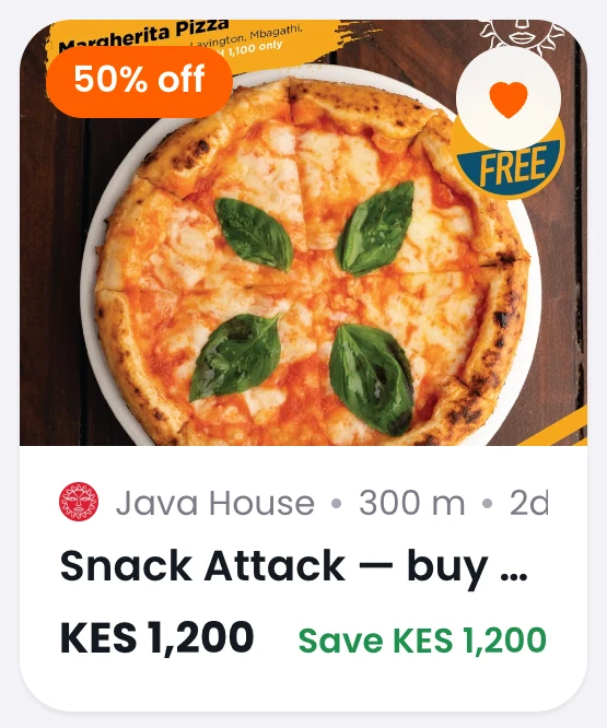 The dense deal card: badge and save button on the image, merchant logo, merchant, distance and expiry on one line, title, price and a green saving