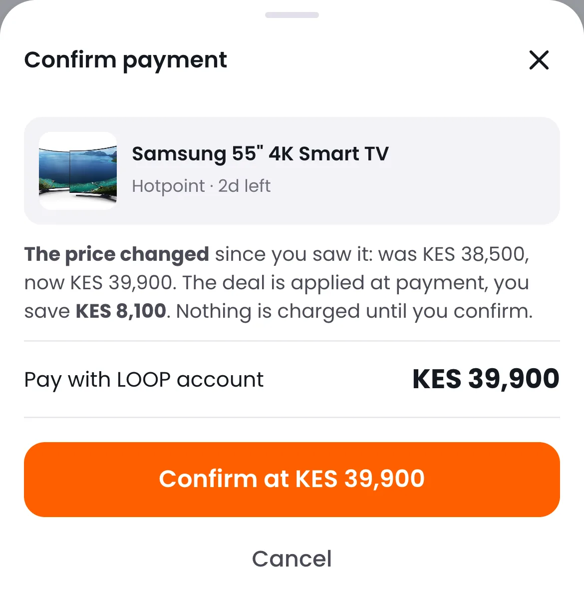 Confirm sheet: the price changed since you saw it, was KES 38,500, now KES 39,900; button reads Confirm at KES 39,900