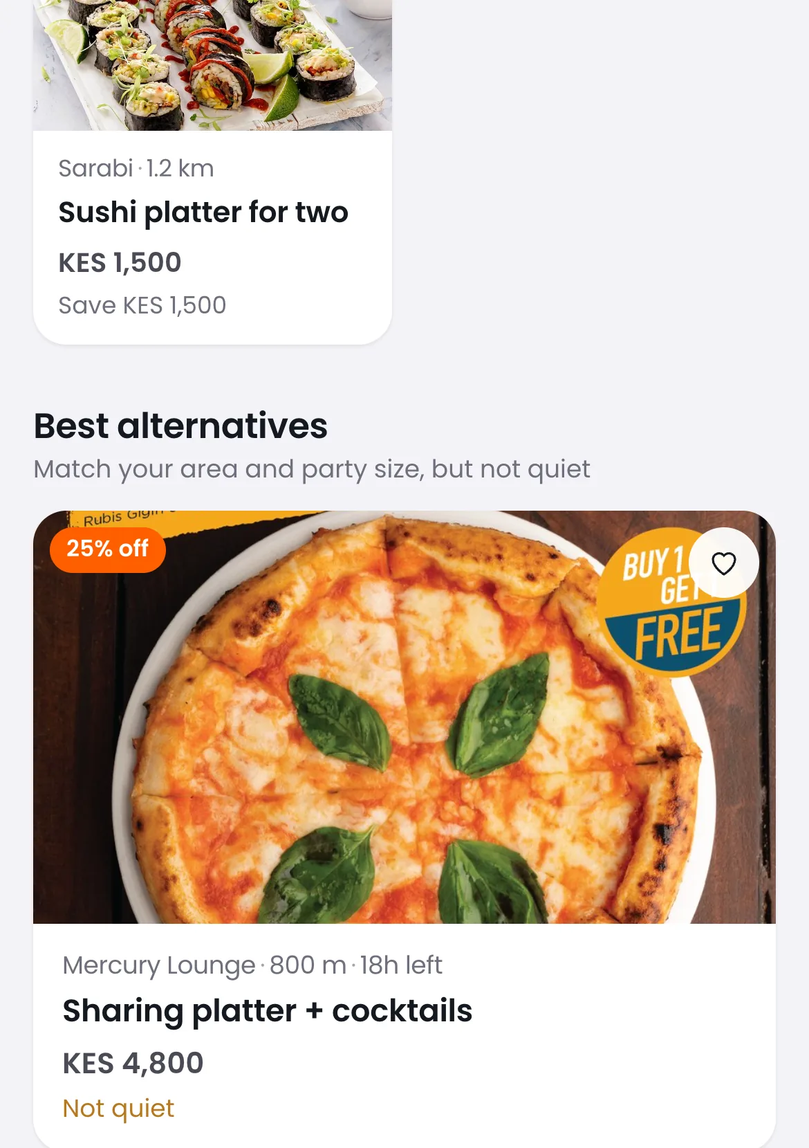 The boundary between results that fit everything and best alternatives that match the area and party size but not the preference for quiet; the alternative card reads Not quiet