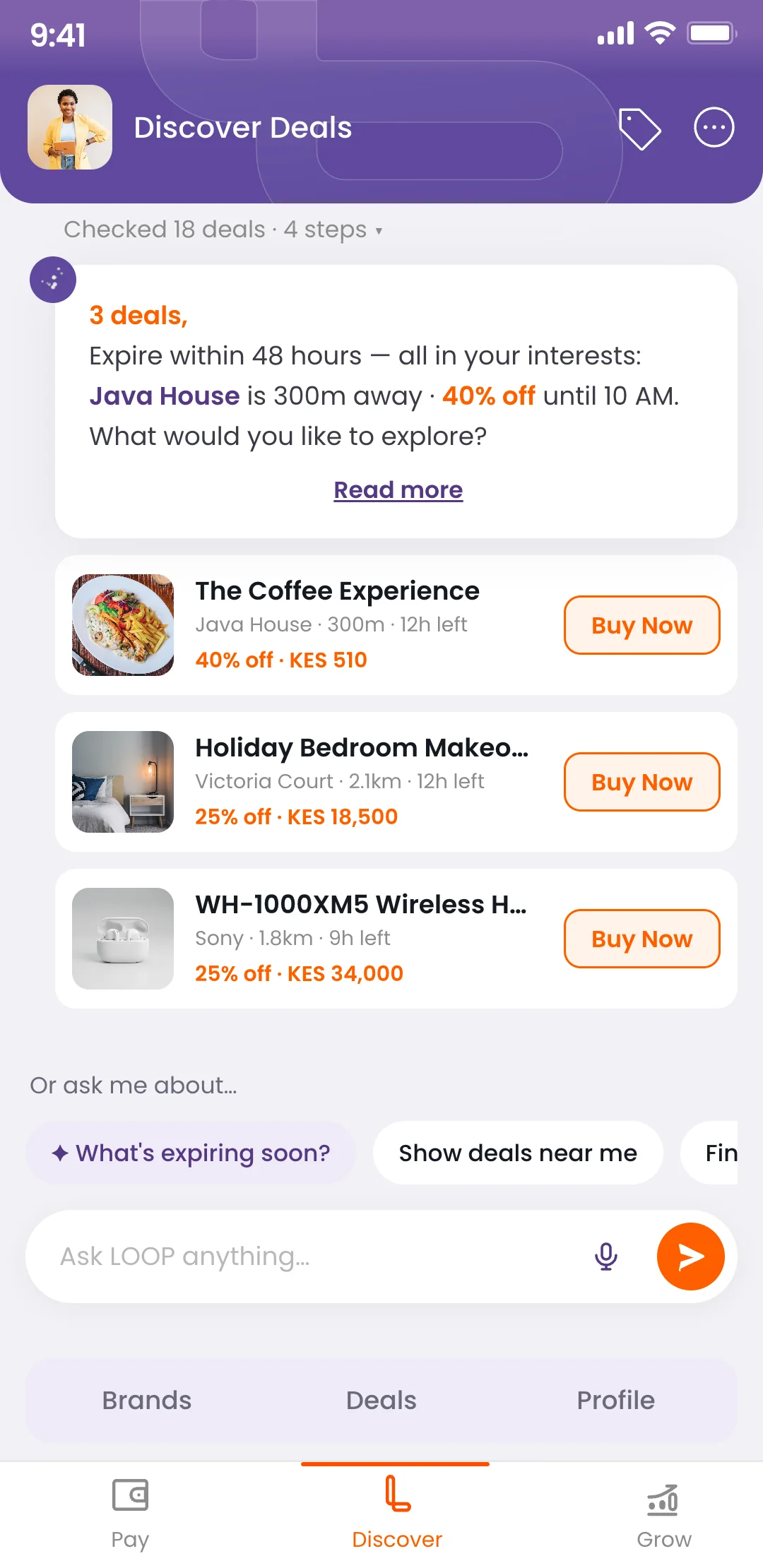 Assistant conversation with deals rendered inside message bubbles