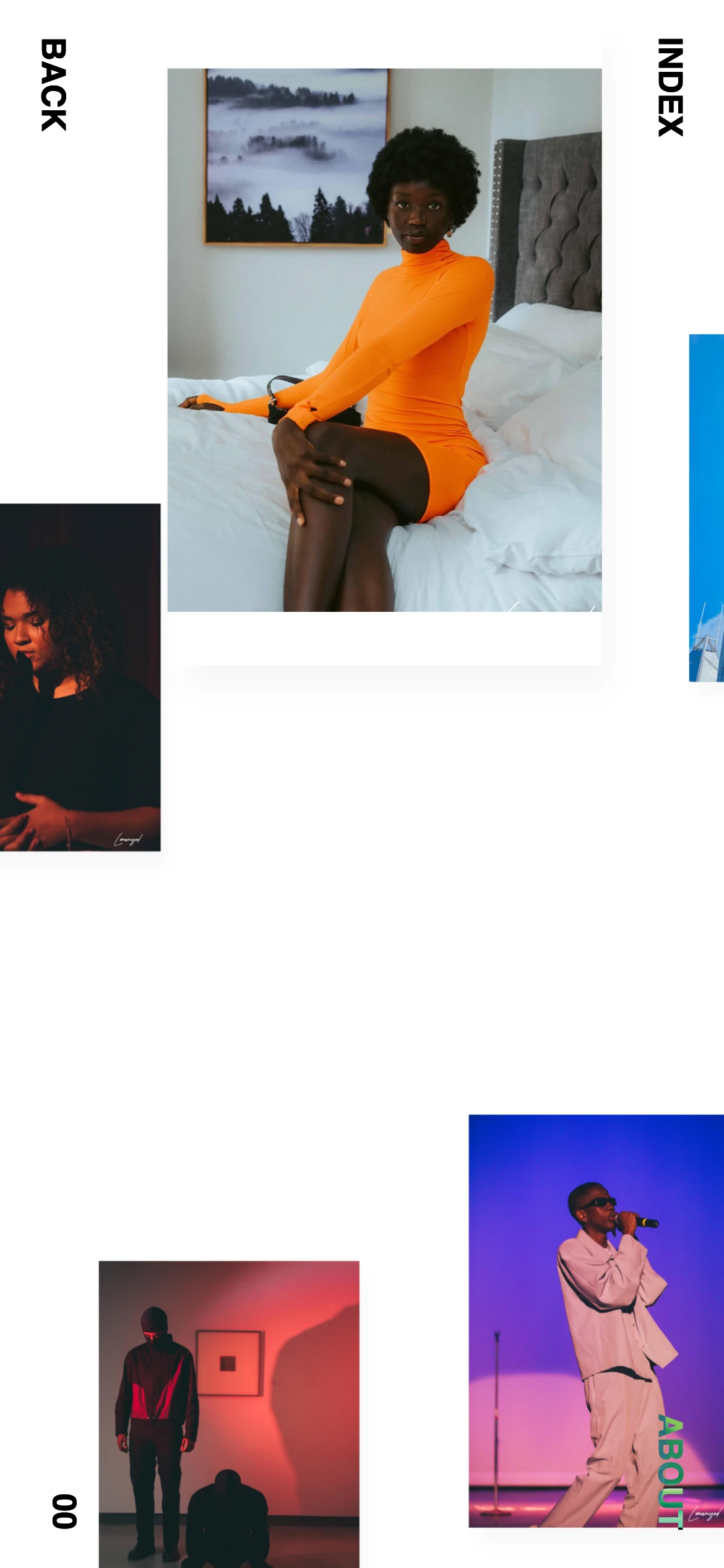 The 2022 home on a phone: BACK and INDEX vertical in the corners, the intro collage overlapping the name LOMA SEVULONI
