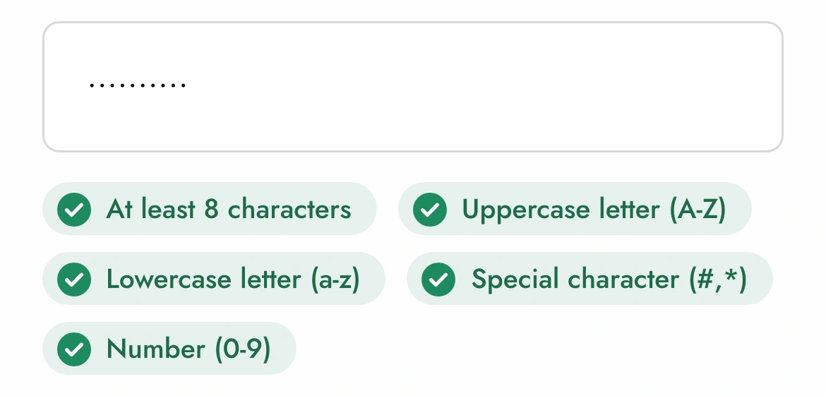 The password field with a password entered and all five chips green
