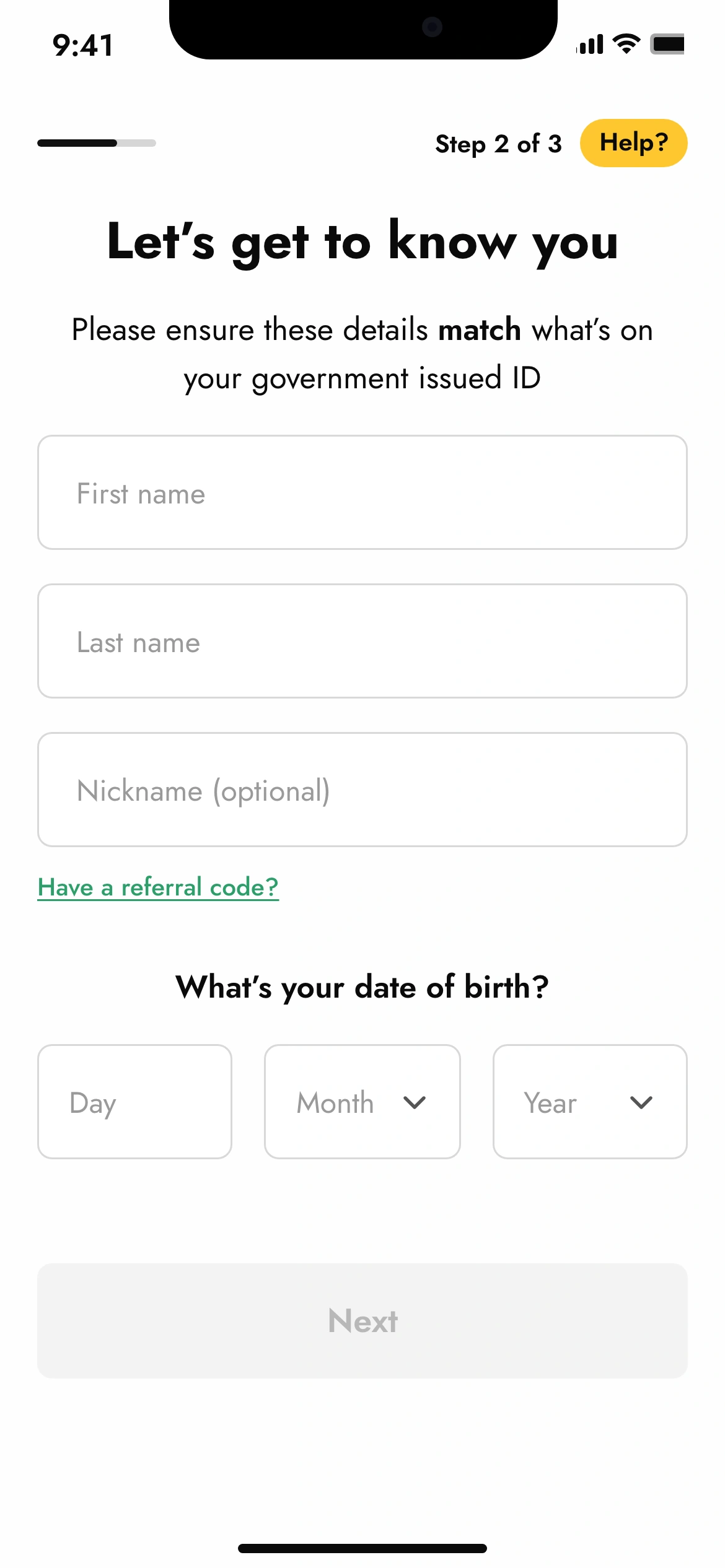 The shipped identity step on white: Let's get to know you, first name, last name, nickname, referral link, date of birth
