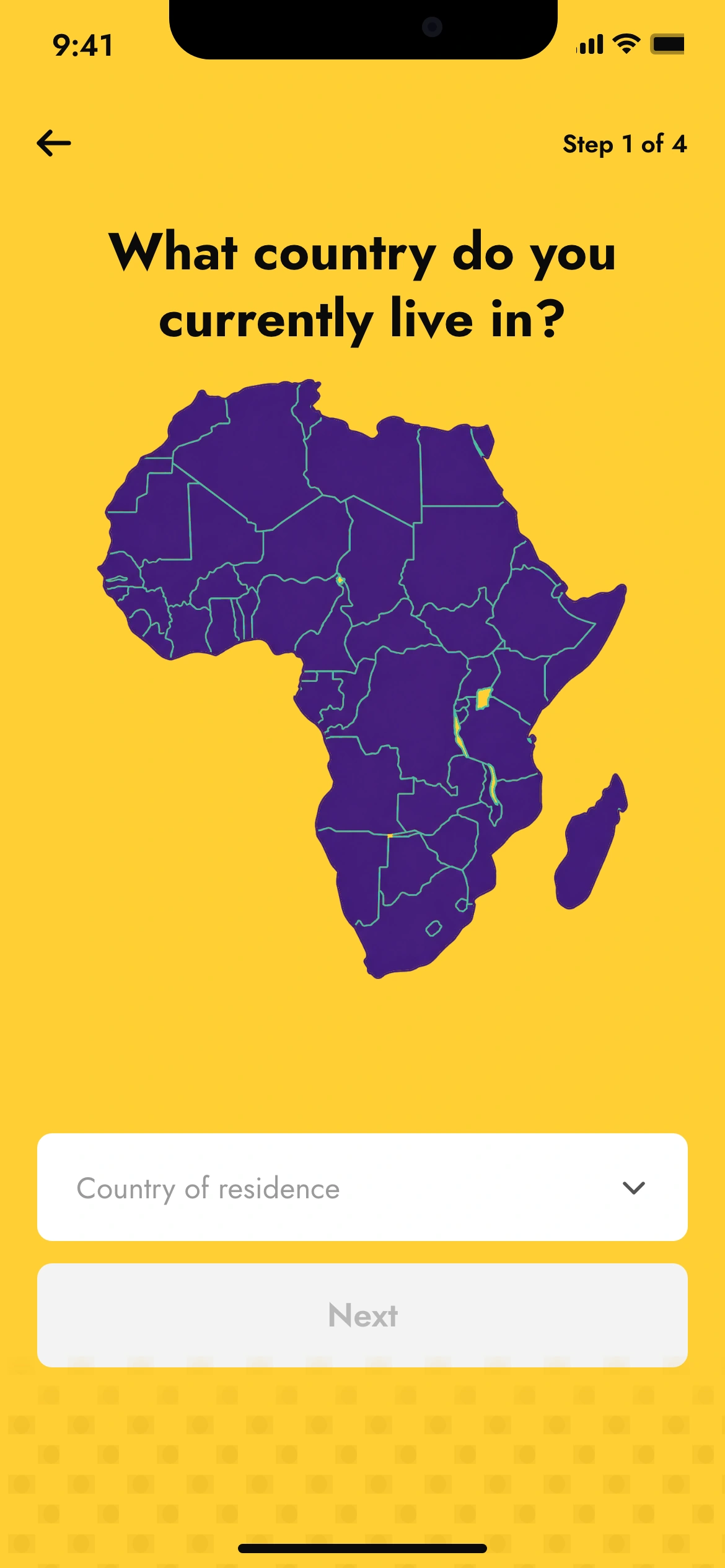 The earlier flow, step 1 of 4 on yellow: What country do you currently live in? over a map of Africa, a Country of residence dropdown and a disabled Next