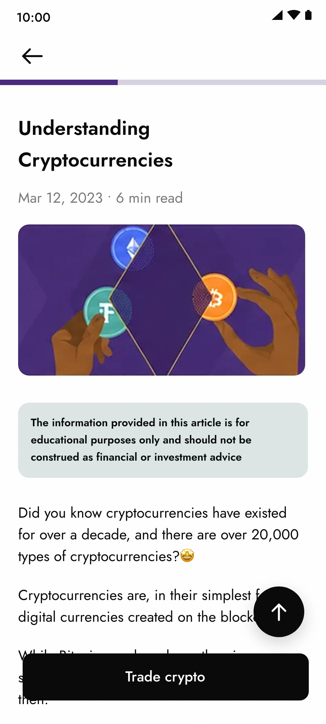 Article: Understanding Cryptocurrencies, a reading progress bar, the disclaimer that the information is educational and not financial advice, three short paragraphs, a back-to-top button and a Trade crypto button