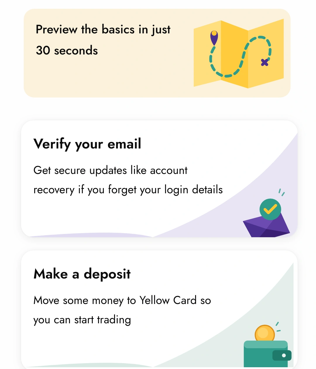The steps sheet cards: Preview the basics in just 30 seconds with a map illustration; Verify your email; Make a deposit; Know your limits, each with its own illustration in the corner